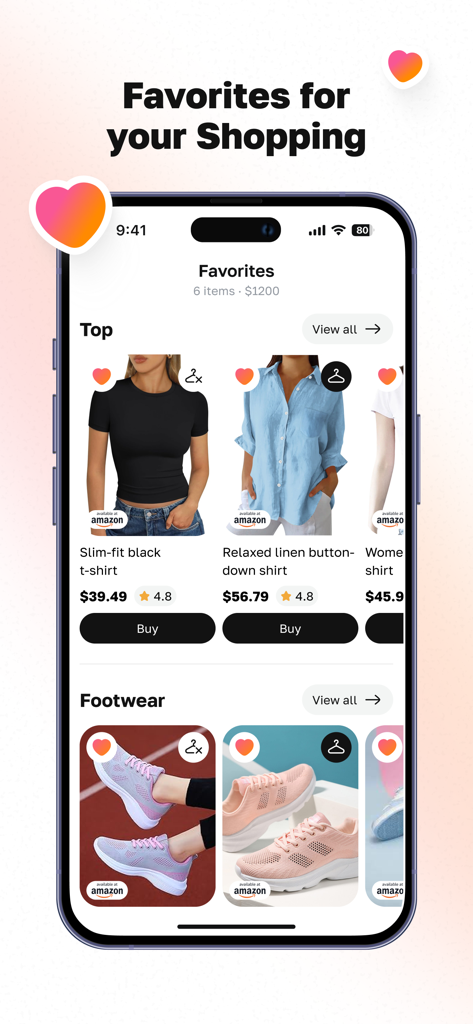 Beauty AI: Outfit & Closet - Beauty AI app favorites screen showing saved clothing items and footwear for shopping