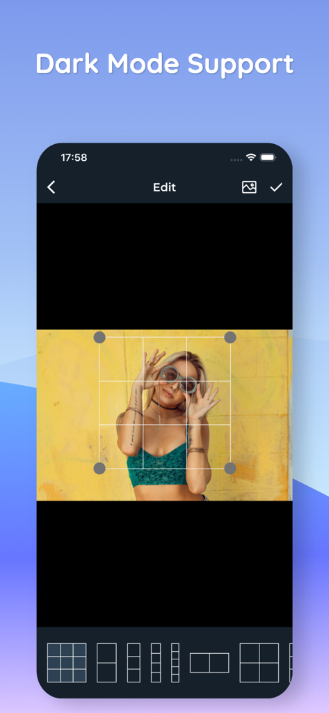 Photo Layout Maker - Grid Post - Interface do aplicativo móvel do Photo Layout Maker mostrando suporte ao modo escuro com um editor de fotos em grade.