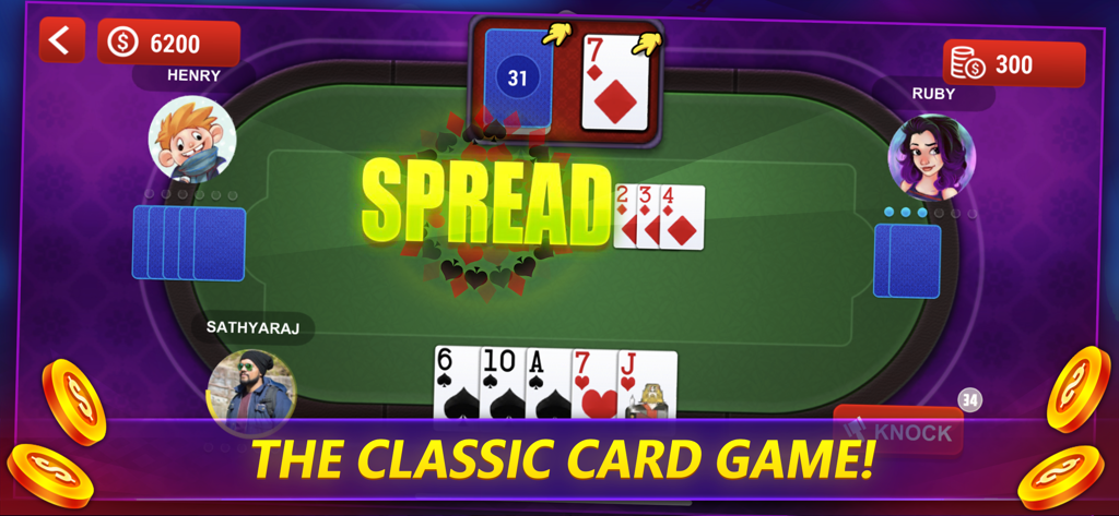 Tonk Online Card Game (Tunk) - 세 명의 플레이어가 있는 녹색 테이블 위에 카드가 펼쳐진 Tonk 온라인 카드 게임의 게임 플레이 스크린샷