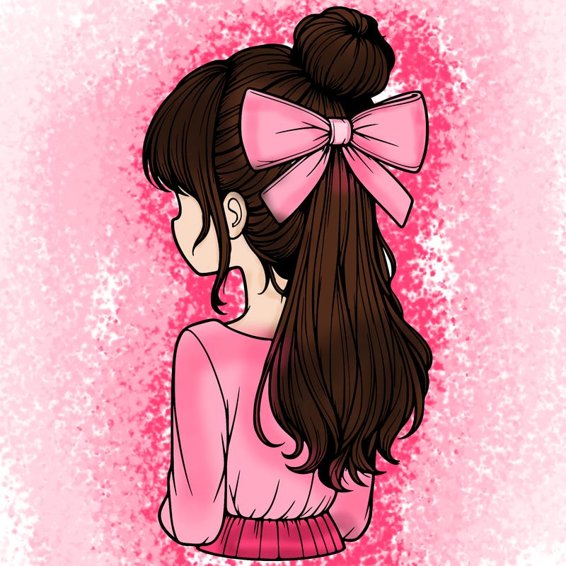 realistic girl  with hip length hair a bun and a big bow on the back of head