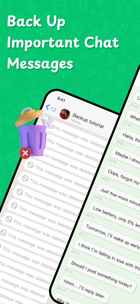 Dual Chat Web: Dual Accounts - Screenshot of Dual Chat Web showing the backup and restore feature for deleted messages
