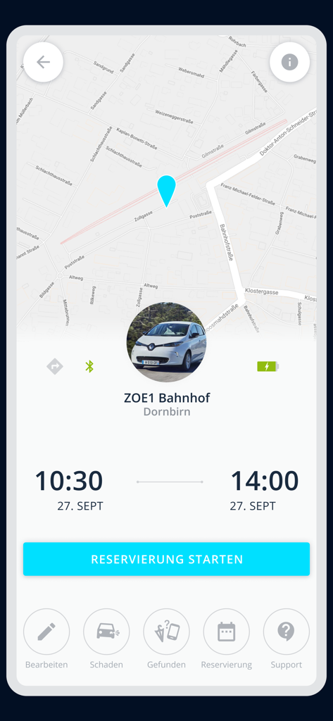 caruso carsharing - Interface of the caruso carsharing app showing a booked electric Renault Zoe with options to start the reservation