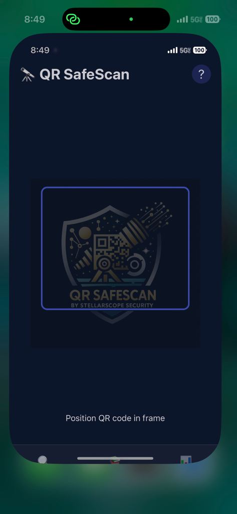 QR SafeScan - Threat Detector - QR SafeScan app main scanning interface with a central frame to capture QR codes.