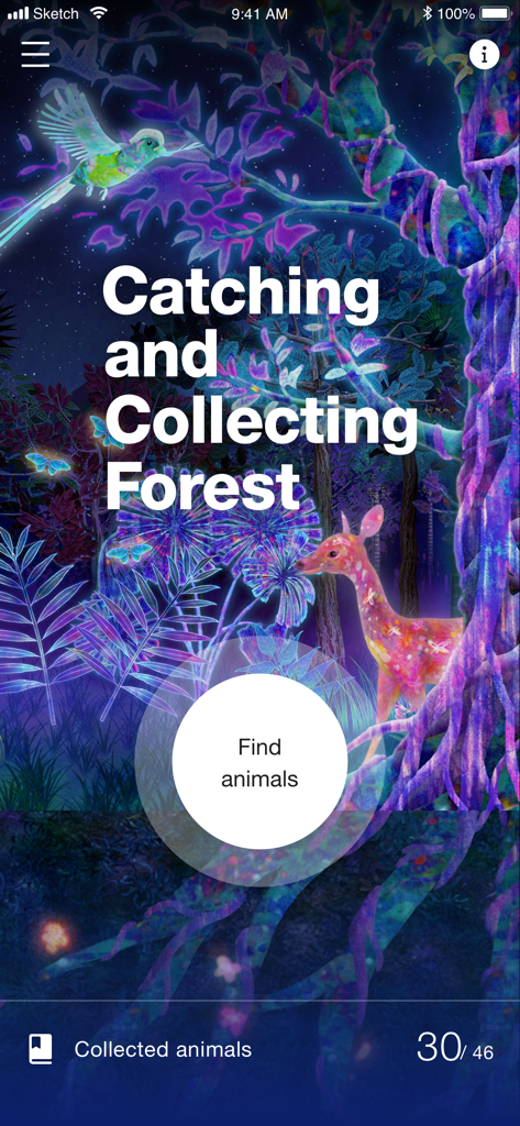 Fukuoka / Collecting Forest - Home screen of the Fukuoka Collecting Forest app featuring vibrant digital art and a Find animals button