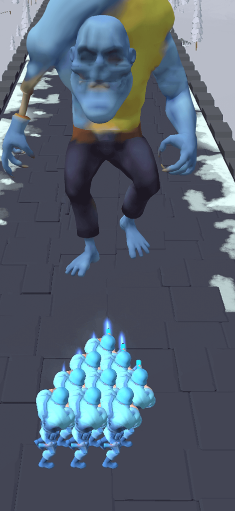 Last Stickman : Zombies War - A squad of blue stickman soldiers confronting a massive blue zombie boss on a snowy path