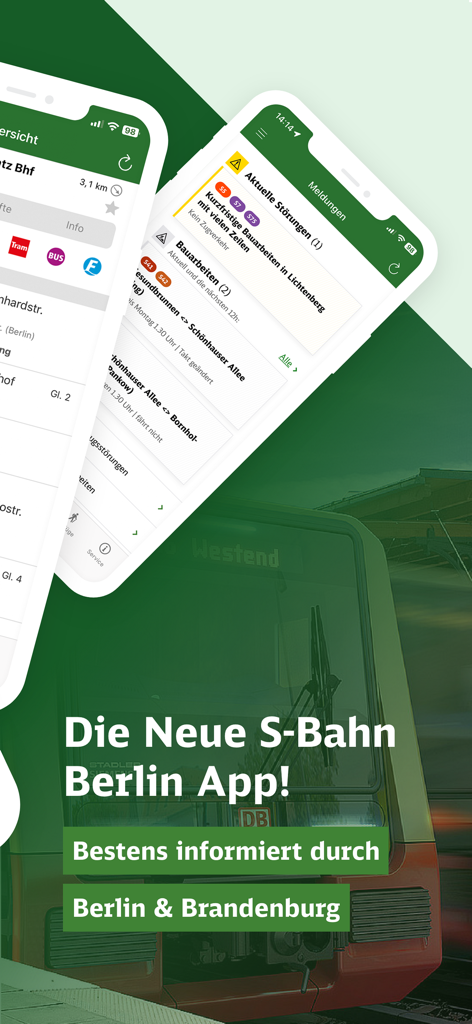 SBahn Berlin mobile app displaying transit alerts and navigation info