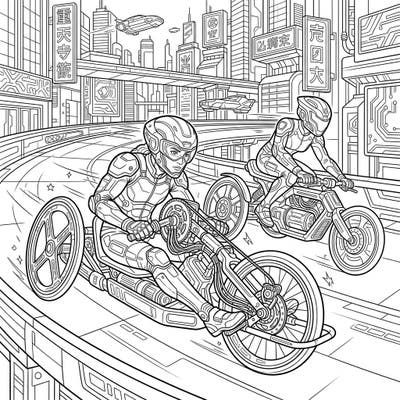 Experience the thrill of a futuristic race with our captivating Cyberpunk Para-Cyclists coloring page. This intricate design features athletes on advanced adaptive bikes, speeding through a dazzling high-tech cityscape ready for your creative touch.