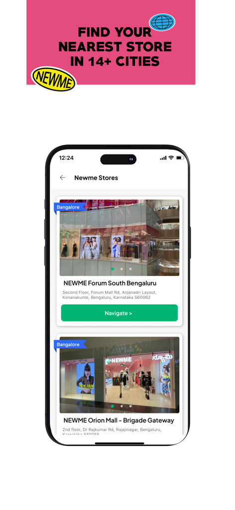 newme - Unleash your style - Interface de l'application mode Newme montrant un localisateur de magasins avec des points de vente physiques et des options de navigation