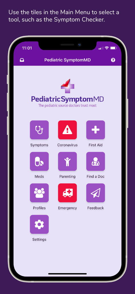 Pediatric SymptomMD - Écran d'accueil Pediatric SymptomMD avec des icônes de triage médical pour les parents
