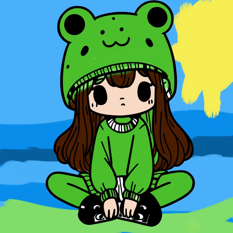 a girl wearing a frog hat and some frog socks