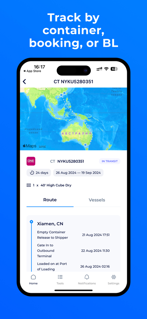 SeaRates - SeaRates mobile app interface showing real-time container tracking with route map and transit timeline