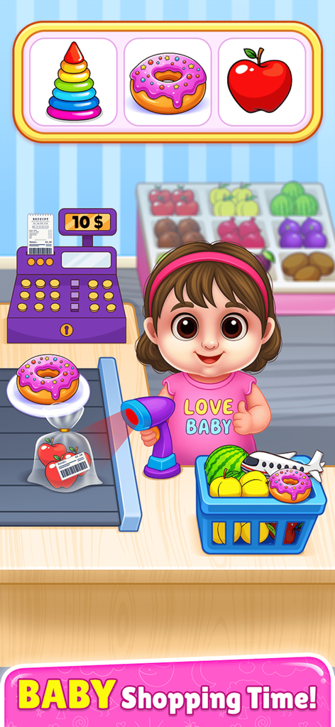 BabySitter DayCare Games - A cute cartoon baby girl using a scanner at a grocery store checkout counter in a kids game.