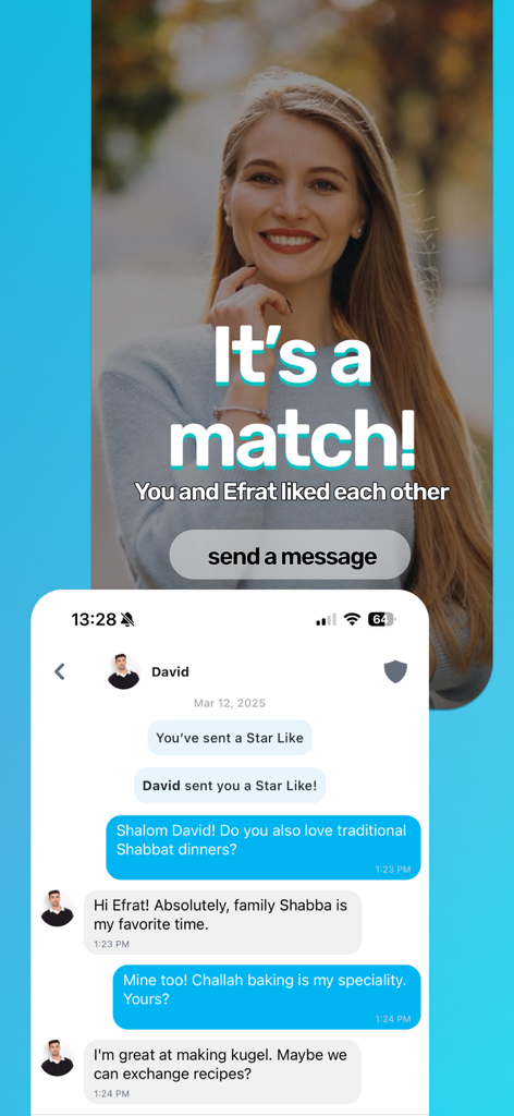 A successful match screen on Ringle app showing a chat about Shabbat traditions between two users