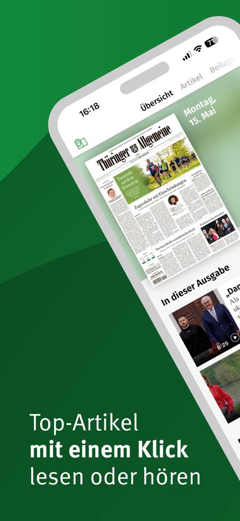 Smartphone displaying the Thüringer Allgemeine E-Paper news app with a German newspaper layout and an option to read or listen to top articles