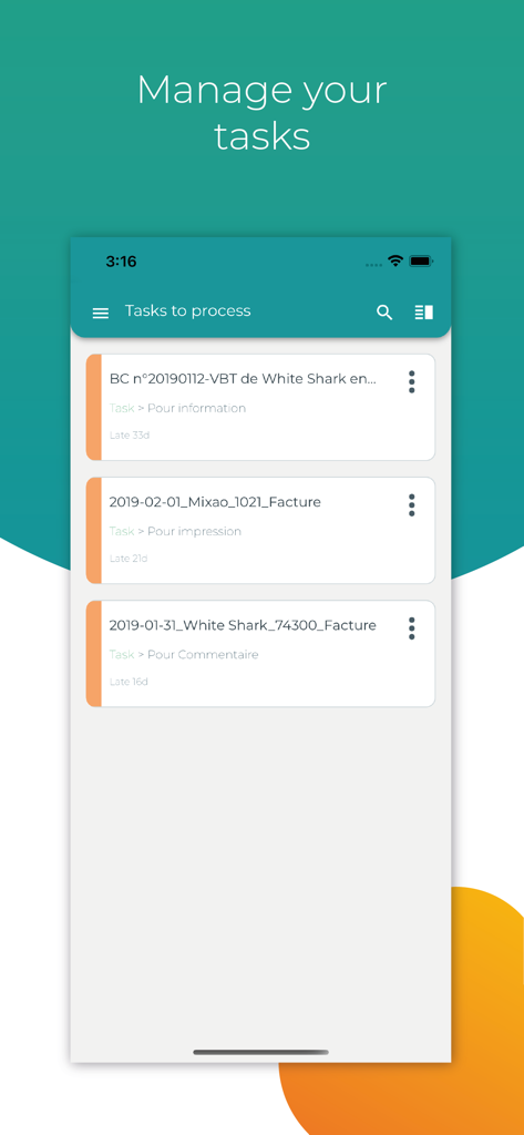 Open Bee Mobile - Task management interface of the Open Bee Mobile app showing a list of documents for approval and processing