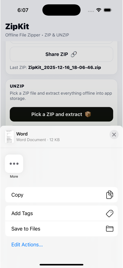 ZipKit: Offline File Zipper - ZipKit app interface showing the unzip functionality and options to save extracted files to the device