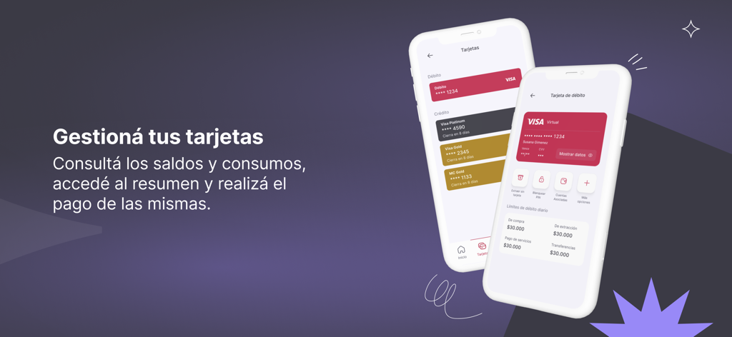 Supervielle - Two mobile screens displaying the Supervielle app credit and debit card management interface