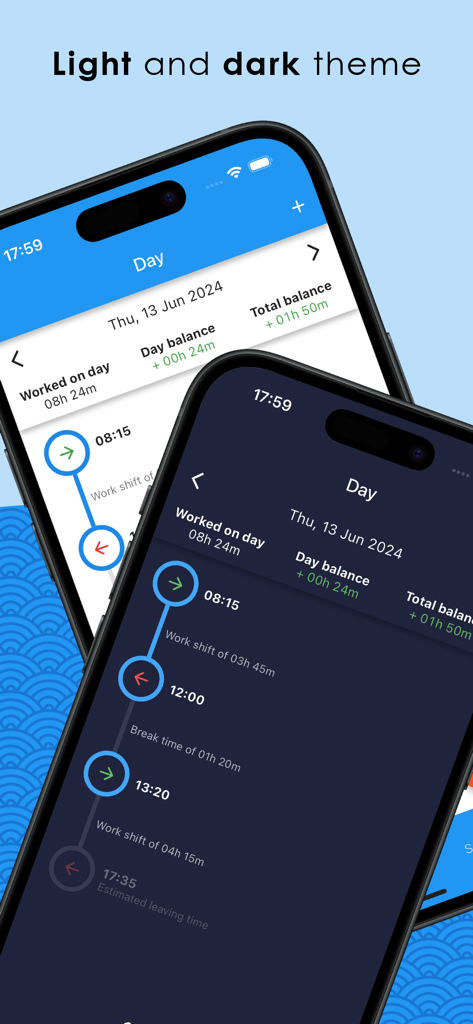 Easy Time Tracker ◴ - Easy Time Tracker app interface showing light and dark mode themes