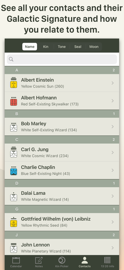 13:20:Sync - A list of contacts in the 13 20 Sync app showing names and their corresponding Mayan galactic signatures