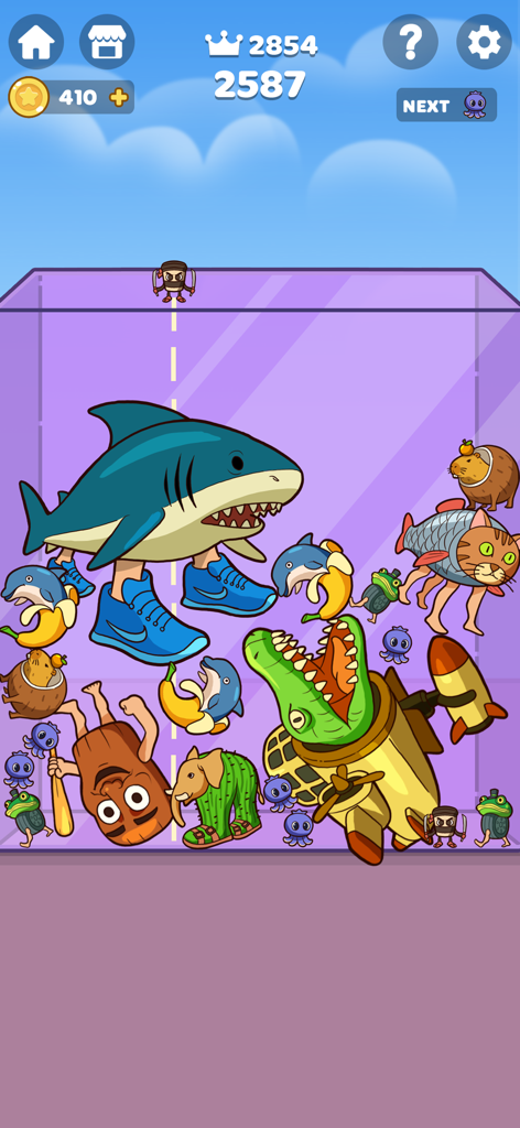 Brainrot Merge: Drop Puzzle - Gameplay of Brainrot Merge featuring absurdist meme creatures like a shark in sneakers being dropped into a puzzle container