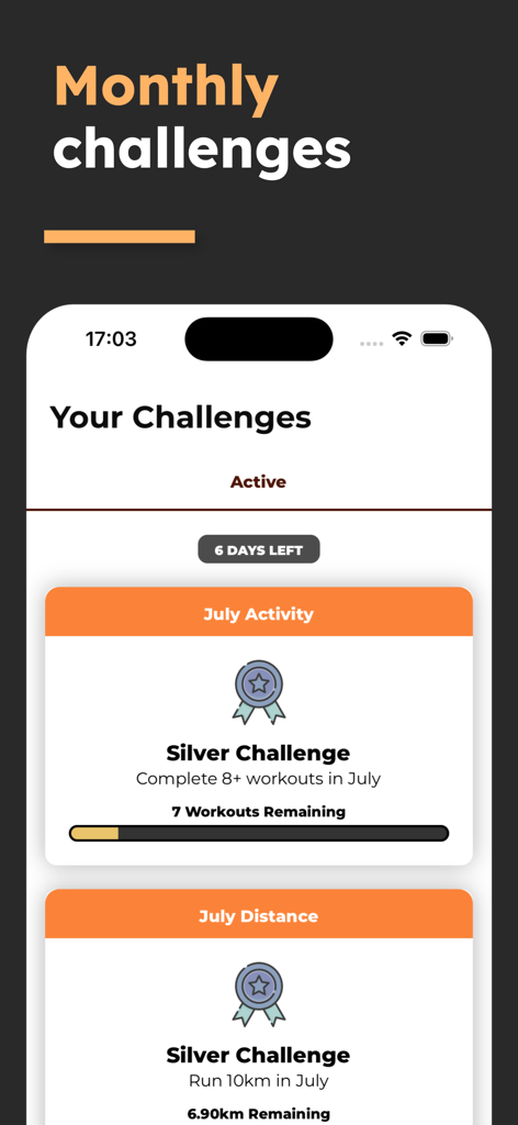 Treadmill Workout: Running - Bildschirm für monatliche Herausforderungen in der Laufband-Workout-App, der den Fortschritt bei den Aktivitäts- und Distanzzielen für Juli zeigt