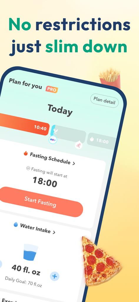 Intermittent Fasting - Litely - Interface of Litely intermittent fasting app showing a daily schedule, water intake tracker, and text saying No restrictions just slim down.