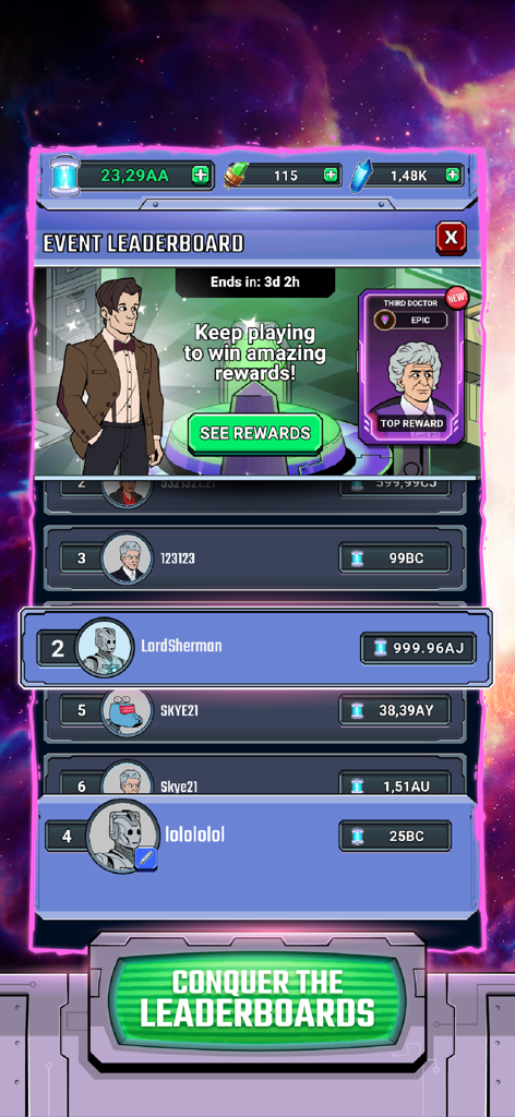 Doctor Who: Lost In Time - In game event leaderboard screen for Doctor Who Lost In Time showing player rankings and rewards