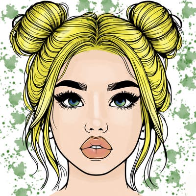 realistic girl with two buns on her hair and lips