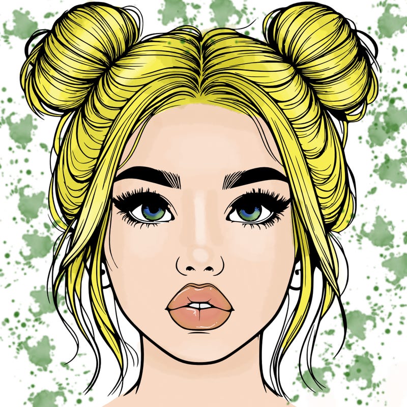 realistic girl with two buns on her hair and lips