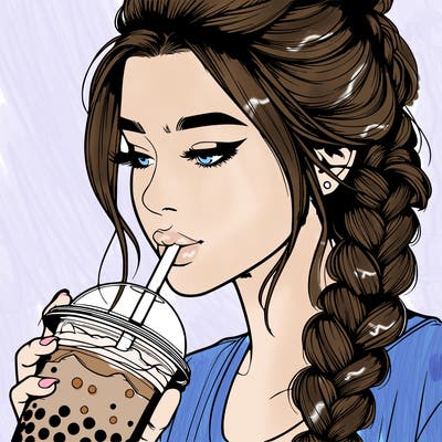 realistic girl drinking boba tea with braided hair