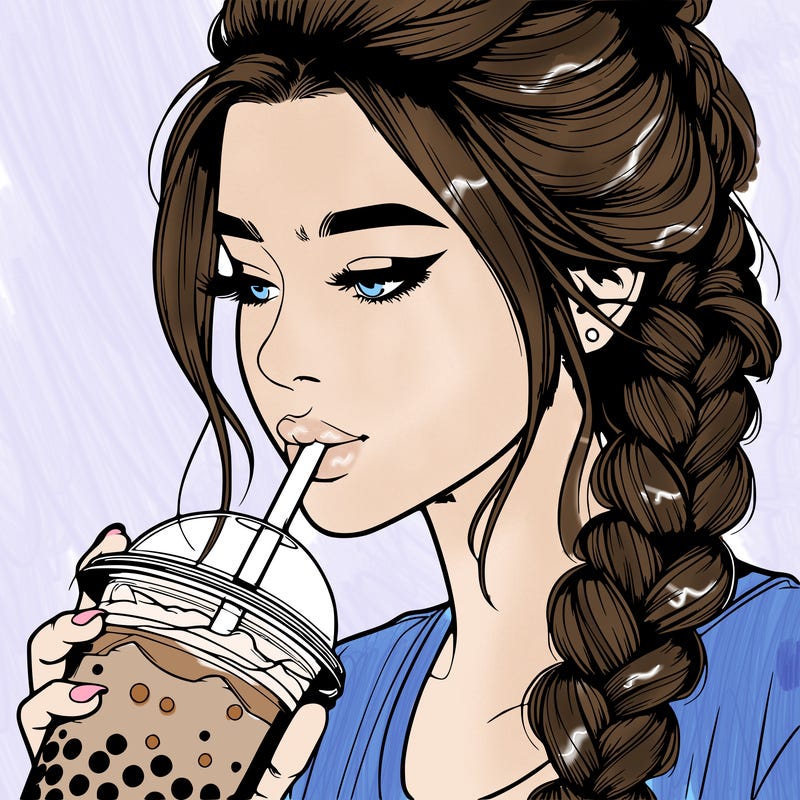 realistic girl drinking boba tea with braided hair