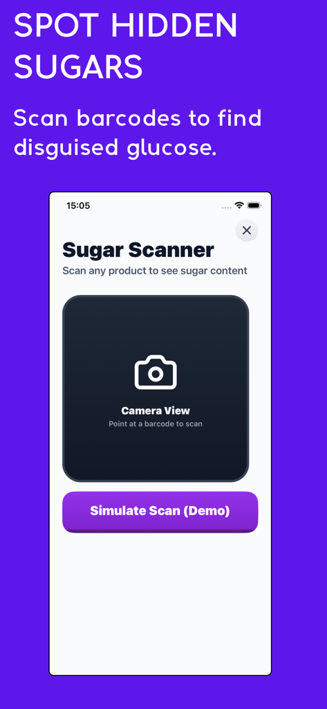 No Sugar Challenge: Detox App - No Sugar Challengeアプリのインターフェース。隠れた砂糖を識別するために製品バーコードをスキャンするシュガースキャナー機能が表示されています。