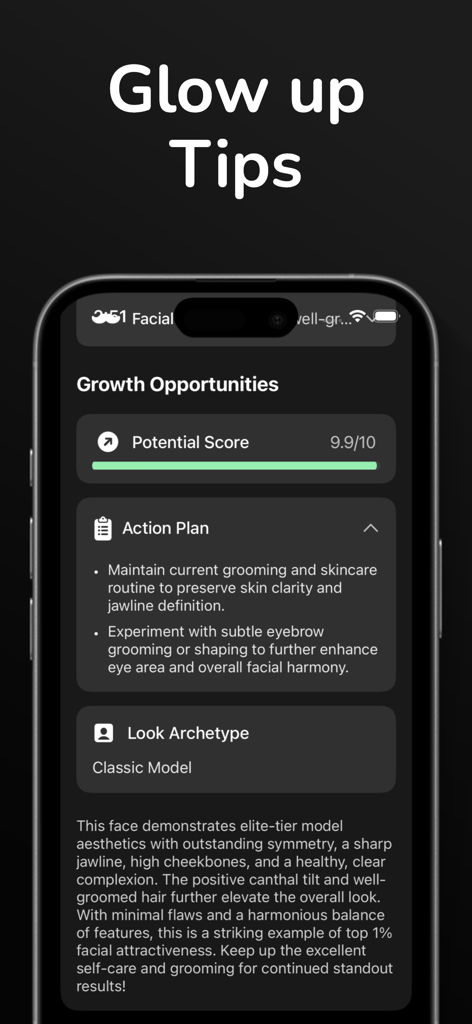 Facemetrics AI - Face Analysis - Facemetrics AIアプリの画面。顔のスコア9.9とパーソナライズされたグローアップのヒントを表示しています。