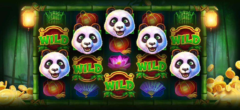 A panda themed slot machine game interface from Royal Club Casino featuring wild symbols and a bamboo forest background.