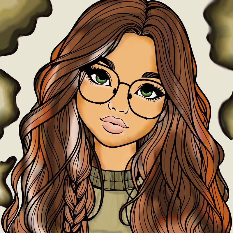 girl with long hair and freckles and glasses realistic