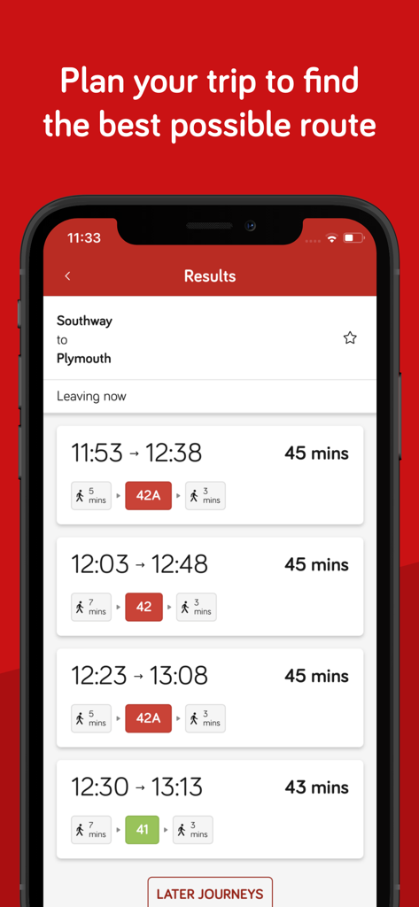 Plymouthbus - The Plymouthbus app interface showing bus route results and departure times