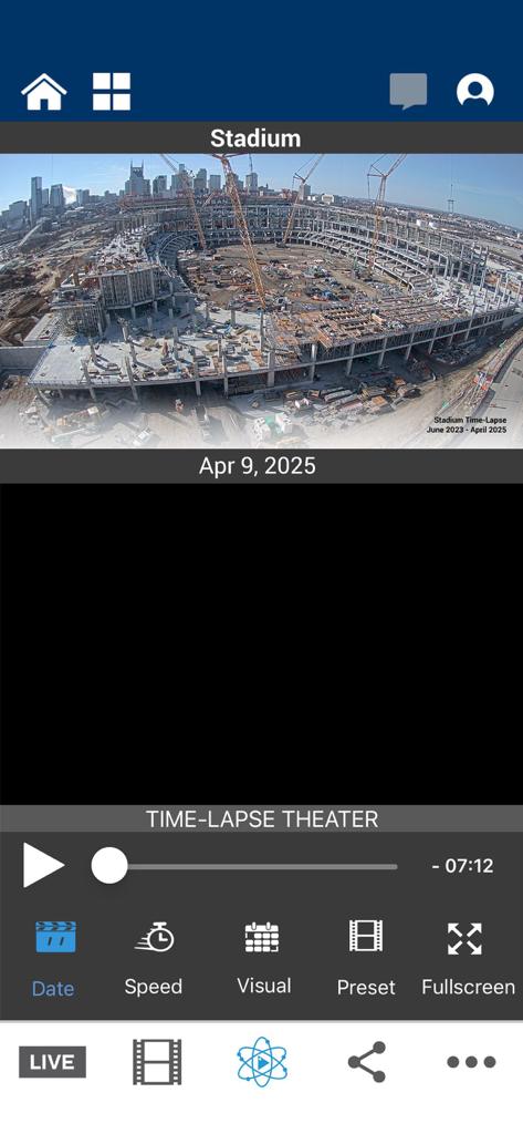 EarthCam - EarthCam Control Center 9 time-lapse theater showing stadium construction progress