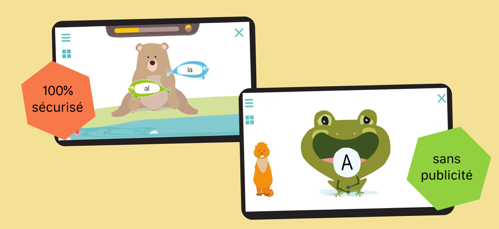 Corneille : reading in French - Two tablet screens showing educational games in the Corneille app for learning to read in French featuring a bear and a frog.