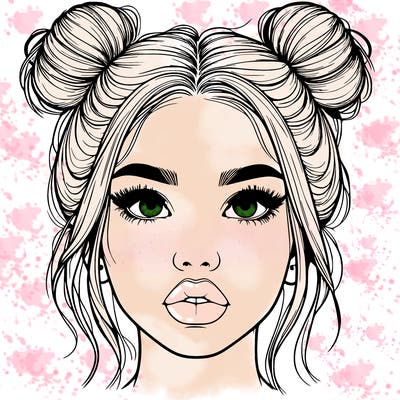 realistic girl with two buns on her hair and lips