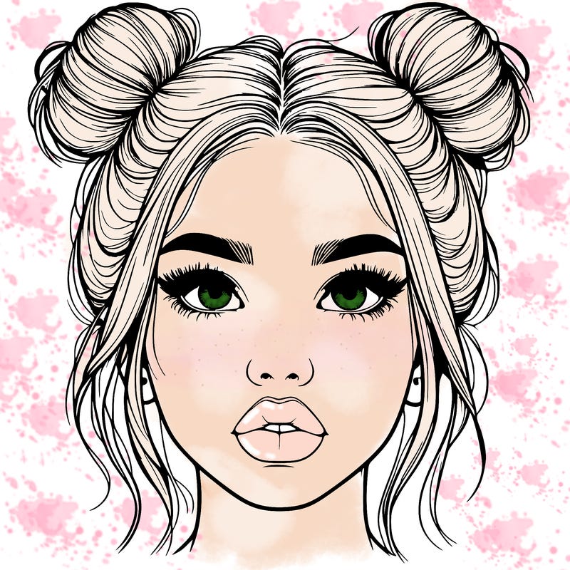 realistic girl with two buns on her hair and lips