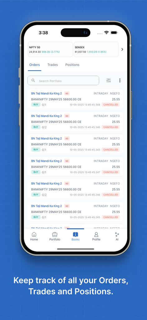 uTrade Algos - Interface móvel do uTrade Algos mostrando a tela de rastreamento de ordens com detalhes de negociação intraday e índices de mercado.