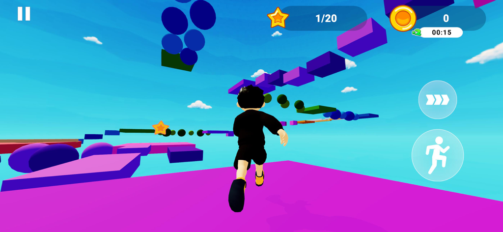 Parkour Fun: Obby Games Master - A character running through a colorful 3D sky-high obstacle course in Parkour Fun Obby Games Master