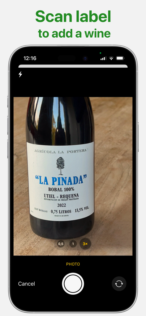 Wines - wine notes V2 - Scanning a wine bottle label with the Wines app camera interface to add wine details automatically