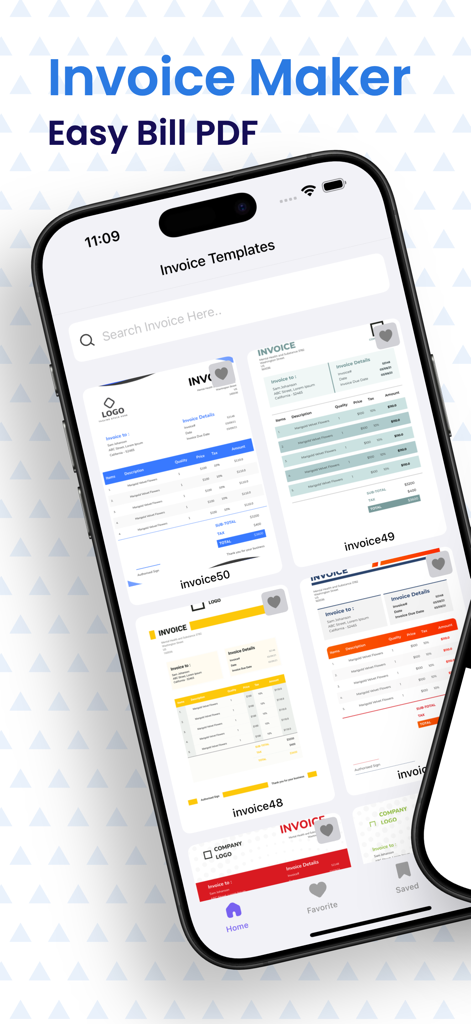 Invoice Maker – Easy Bill PDF - 中小企業のオーナーやフリーランサー向けの様々なプロフェッショナルな請求書テンプレートを表示するモバイル画面。