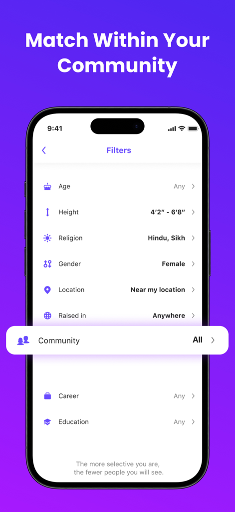 Dil Mil: South Asian Dating - Dil Mil dating app search filters showing community and religious preferences