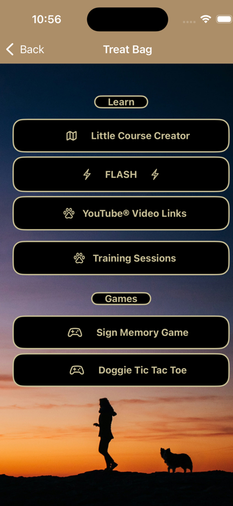 WCRL® Rally Dog Obedience - Treat Bag menu in the WCRL Rally Dog Obedience app showing learning tools and training games