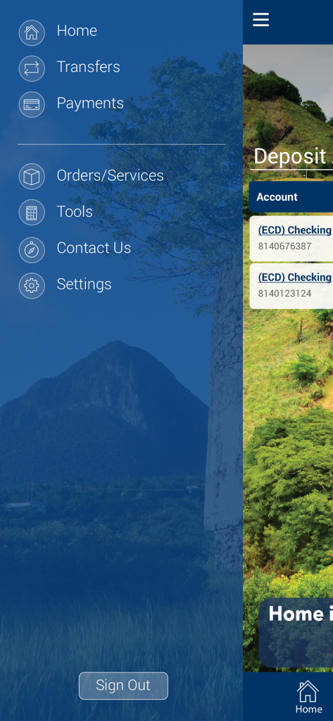 Bank of Saint Lucia - Side navigation menu of the Bank of Saint Lucia mobile app with options for transfers, payments, and account tools