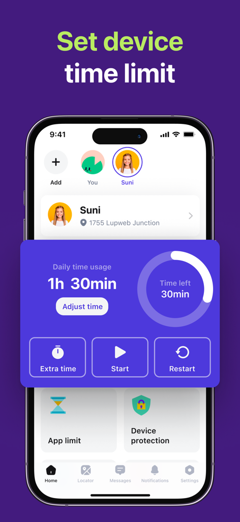 FamiGo app dashboard showing device time usage and limits for a child profile