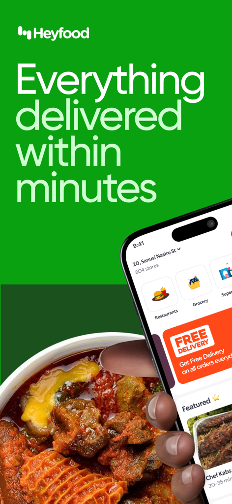Heyfood - Food Delivery - Interface do aplicativo móvel Heyfood mostrando opções de entrega de restaurantes e supermercados com uma tigela de ensopado ao fundo.