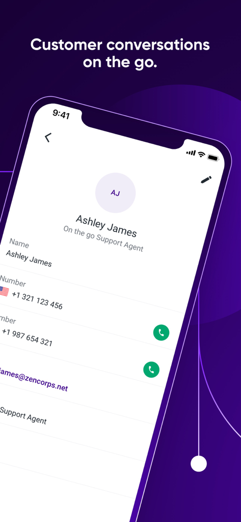 Talkdesk Conversations mobile app interface displaying a support agent profile and contact information